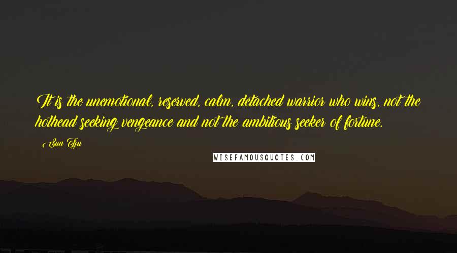 Sun Tzu Quotes: It is the unemotional, reserved, calm, detached warrior who wins, not the hothead seeking vengeance and not the ambitious seeker of fortune.