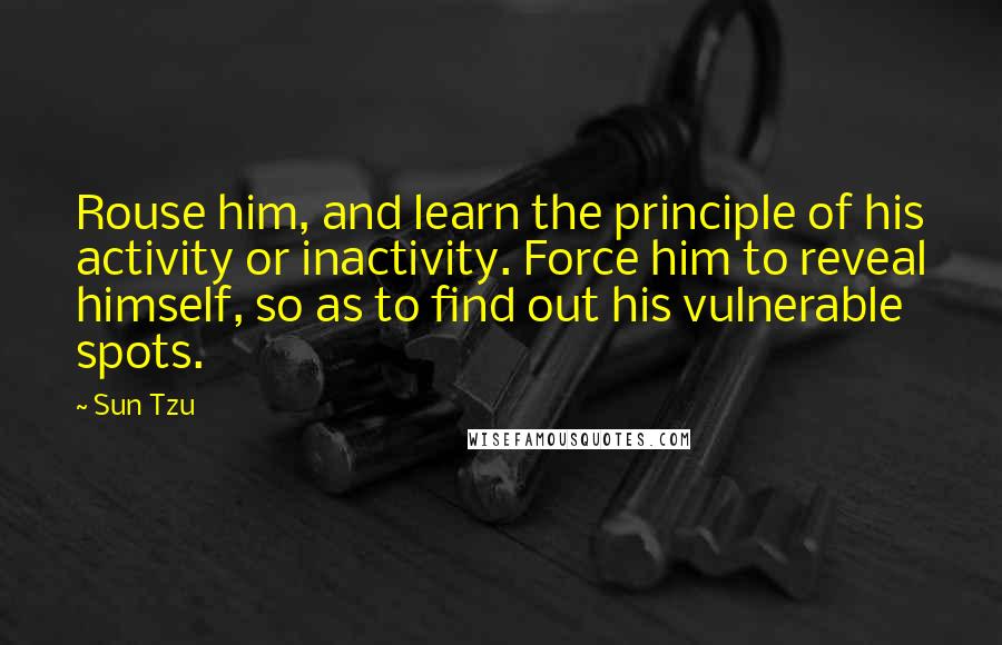 Sun Tzu Quotes: Rouse him, and learn the principle of his activity or inactivity. Force him to reveal himself, so as to find out his vulnerable spots.