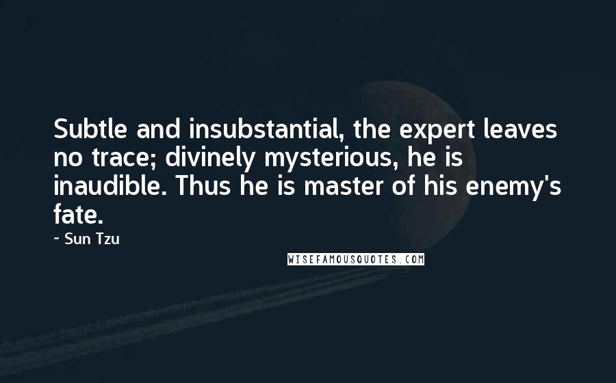 Sun Tzu Quotes: Subtle and insubstantial, the expert leaves no trace; divinely mysterious, he is inaudible. Thus he is master of his enemy's fate.