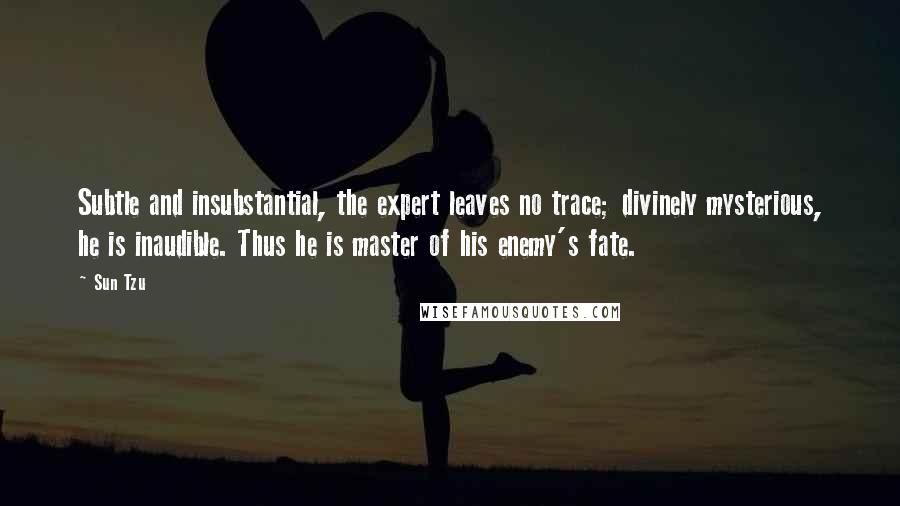 Sun Tzu Quotes: Subtle and insubstantial, the expert leaves no trace; divinely mysterious, he is inaudible. Thus he is master of his enemy's fate.