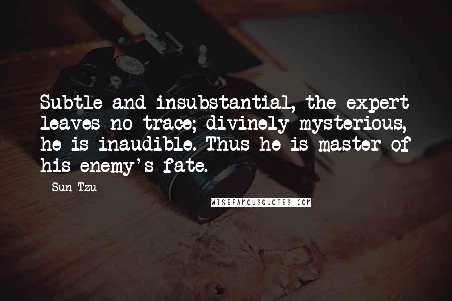 Sun Tzu Quotes: Subtle and insubstantial, the expert leaves no trace; divinely mysterious, he is inaudible. Thus he is master of his enemy's fate.