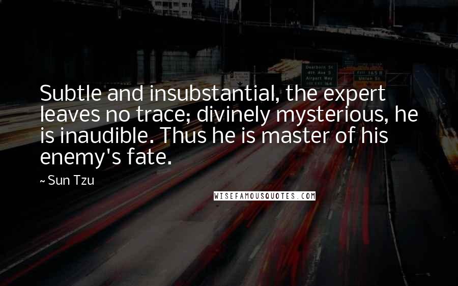 Sun Tzu Quotes: Subtle and insubstantial, the expert leaves no trace; divinely mysterious, he is inaudible. Thus he is master of his enemy's fate.