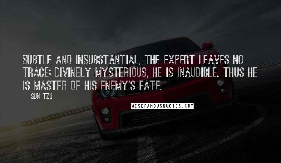 Sun Tzu Quotes: Subtle and insubstantial, the expert leaves no trace; divinely mysterious, he is inaudible. Thus he is master of his enemy's fate.