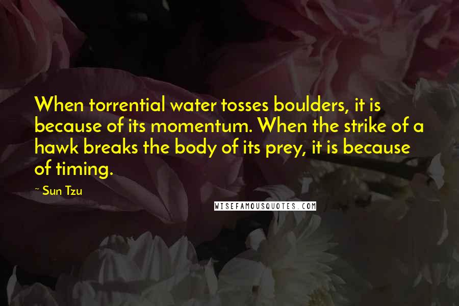 Sun Tzu Quotes: When torrential water tosses boulders, it is because of its momentum. When the strike of a hawk breaks the body of its prey, it is because of timing.