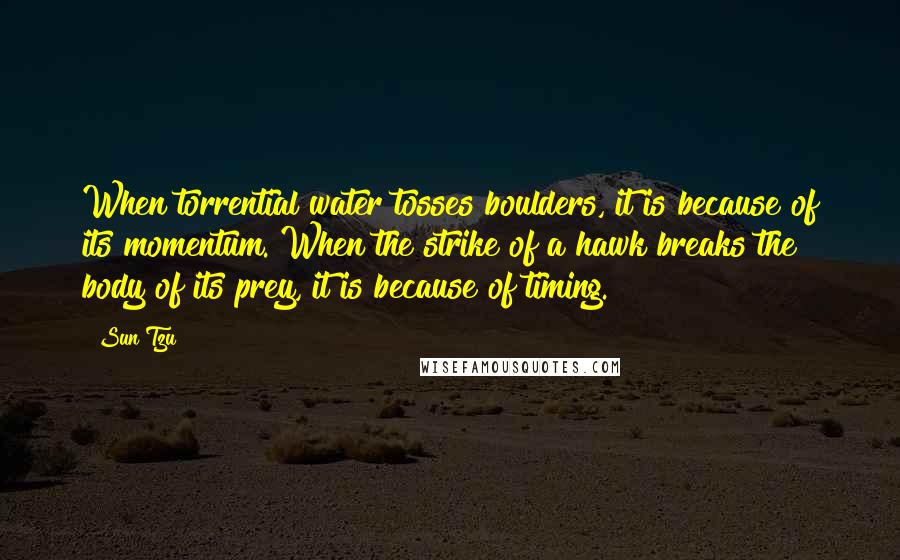 Sun Tzu Quotes: When torrential water tosses boulders, it is because of its momentum. When the strike of a hawk breaks the body of its prey, it is because of timing.