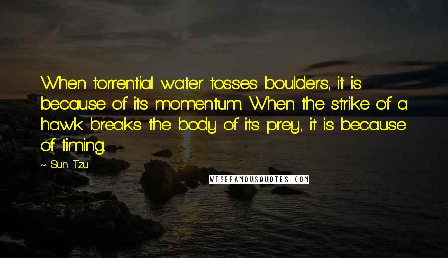 Sun Tzu Quotes: When torrential water tosses boulders, it is because of its momentum. When the strike of a hawk breaks the body of its prey, it is because of timing.