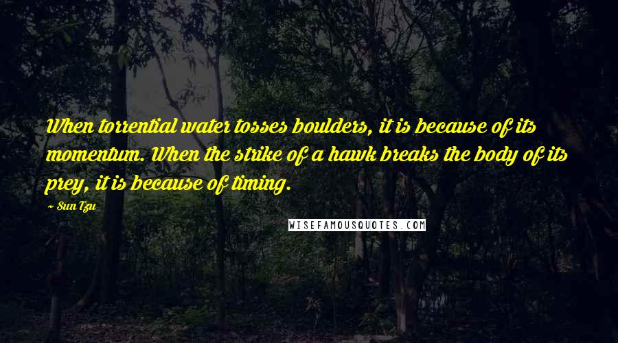 Sun Tzu Quotes: When torrential water tosses boulders, it is because of its momentum. When the strike of a hawk breaks the body of its prey, it is because of timing.