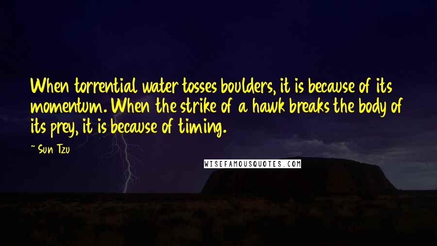 Sun Tzu Quotes: When torrential water tosses boulders, it is because of its momentum. When the strike of a hawk breaks the body of its prey, it is because of timing.