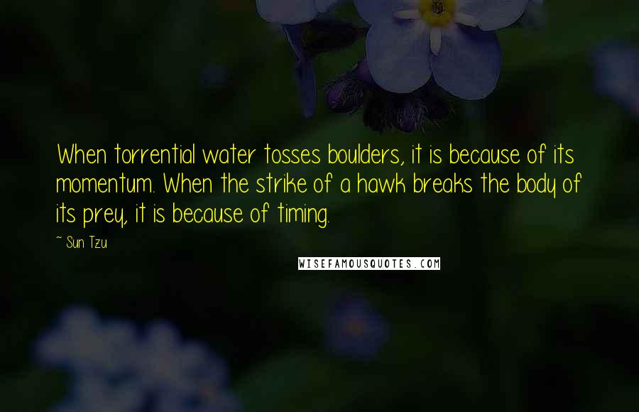 Sun Tzu Quotes: When torrential water tosses boulders, it is because of its momentum. When the strike of a hawk breaks the body of its prey, it is because of timing.