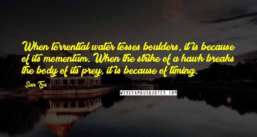 Sun Tzu Quotes: When torrential water tosses boulders, it is because of its momentum. When the strike of a hawk breaks the body of its prey, it is because of timing.