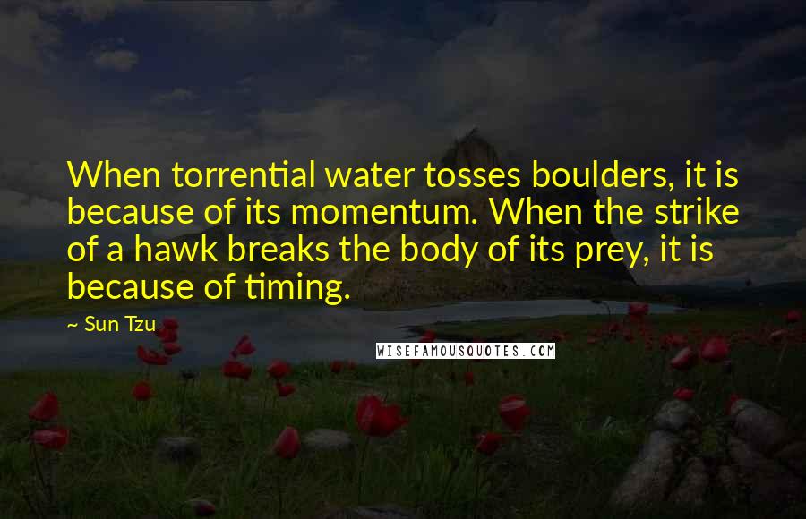 Sun Tzu Quotes: When torrential water tosses boulders, it is because of its momentum. When the strike of a hawk breaks the body of its prey, it is because of timing.