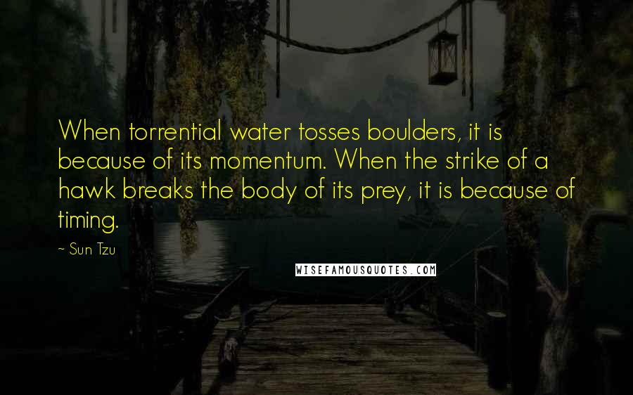 Sun Tzu Quotes: When torrential water tosses boulders, it is because of its momentum. When the strike of a hawk breaks the body of its prey, it is because of timing.