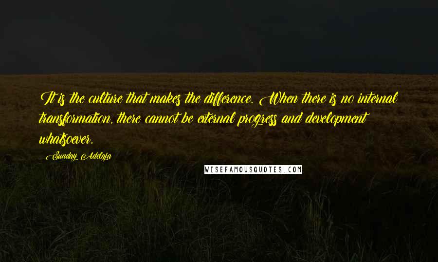 Sunday Adelaja Quotes: It is the culture that makes the difference. When there is no internal transformation, there cannot be external progress and development whatsoever.