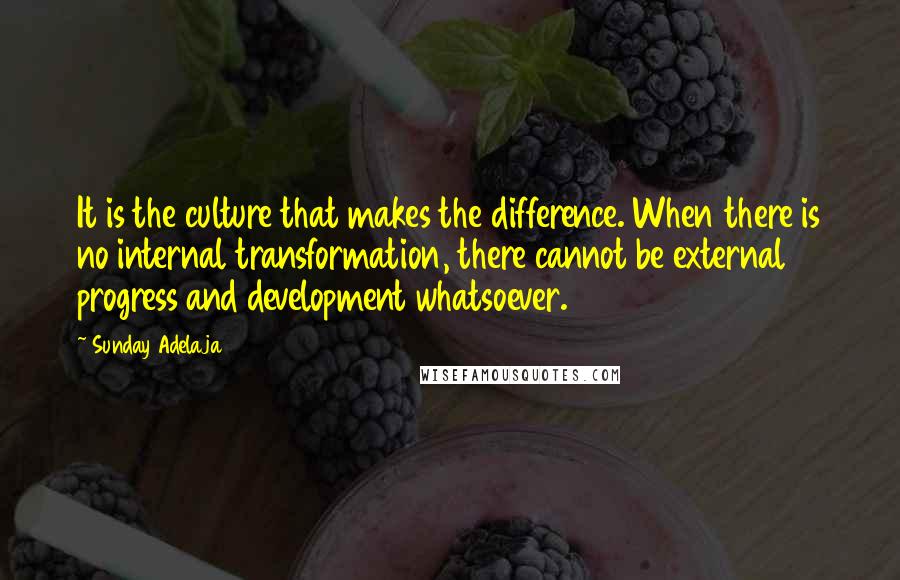 Sunday Adelaja Quotes: It is the culture that makes the difference. When there is no internal transformation, there cannot be external progress and development whatsoever.