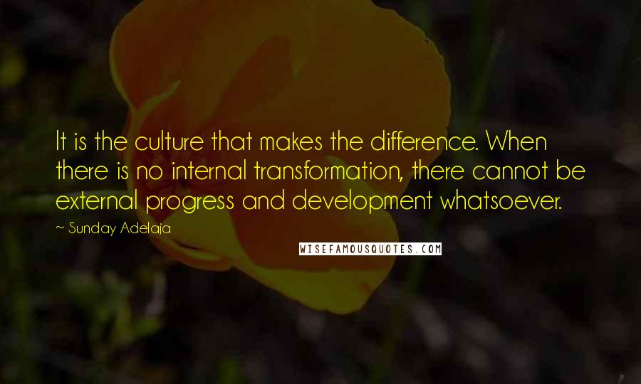 Sunday Adelaja Quotes: It is the culture that makes the difference. When there is no internal transformation, there cannot be external progress and development whatsoever.