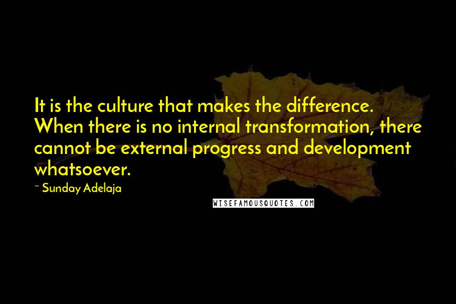 Sunday Adelaja Quotes: It is the culture that makes the difference. When there is no internal transformation, there cannot be external progress and development whatsoever.