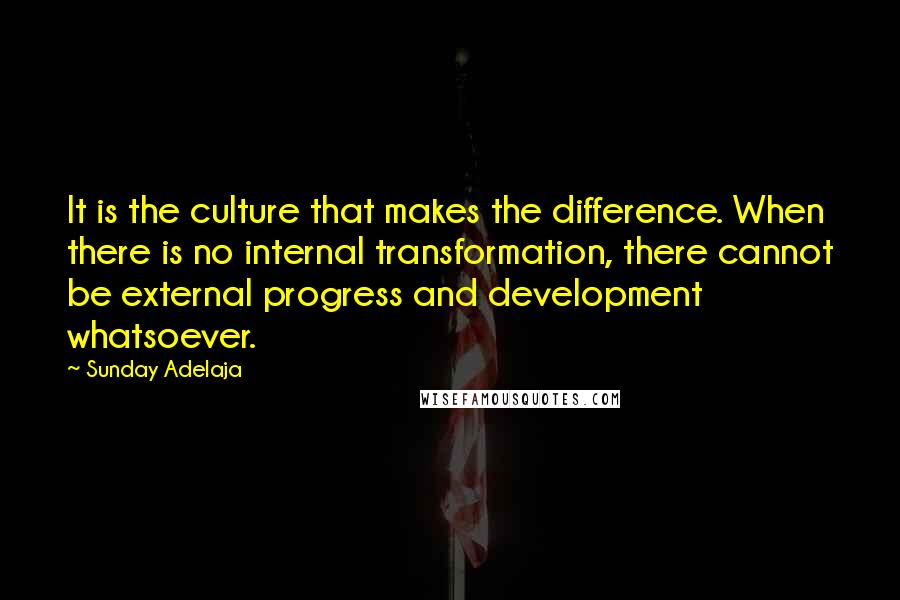 Sunday Adelaja Quotes: It is the culture that makes the difference. When there is no internal transformation, there cannot be external progress and development whatsoever.
