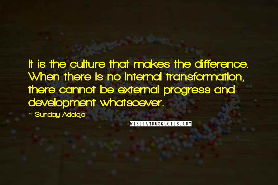 Sunday Adelaja Quotes: It is the culture that makes the difference. When there is no internal transformation, there cannot be external progress and development whatsoever.