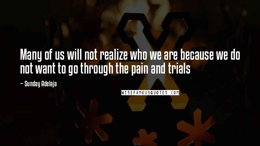 Sunday Adelaja Quotes: Many of us will not realize who we are because we do not want to go through the pain and trials