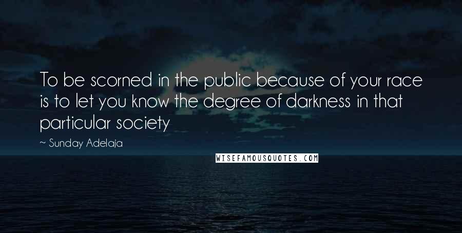 Sunday Adelaja Quotes: To be scorned in the public because of your race is to let you know the degree of darkness in that particular society