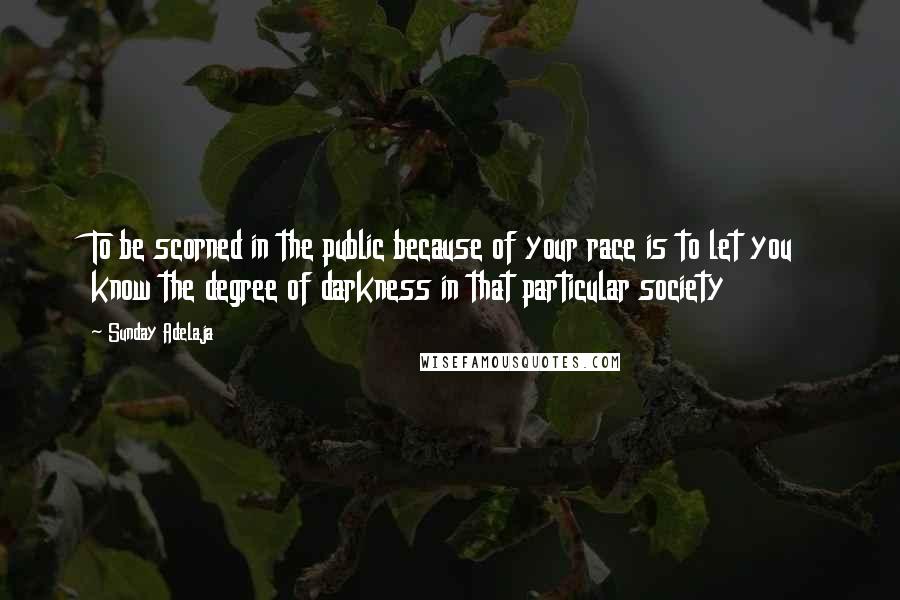 Sunday Adelaja Quotes: To be scorned in the public because of your race is to let you know the degree of darkness in that particular society