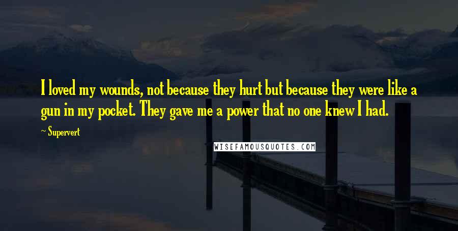 Supervert Quotes: I loved my wounds, not because they hurt but because they were like a gun in my pocket. They gave me a power that no one knew I had.