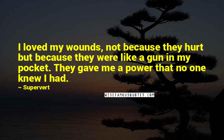 Supervert Quotes: I loved my wounds, not because they hurt but because they were like a gun in my pocket. They gave me a power that no one knew I had.