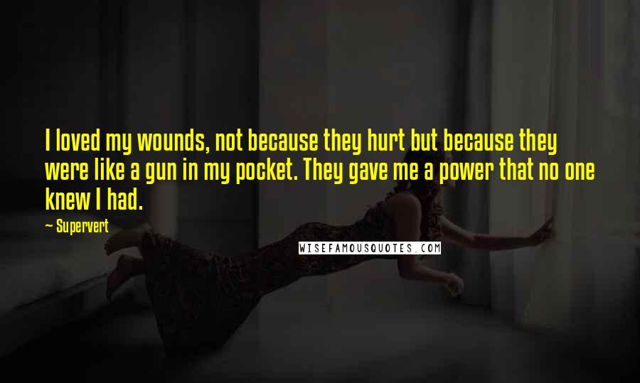 Supervert Quotes: I loved my wounds, not because they hurt but because they were like a gun in my pocket. They gave me a power that no one knew I had.