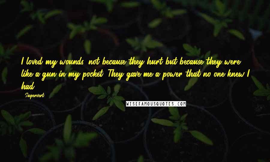 Supervert Quotes: I loved my wounds, not because they hurt but because they were like a gun in my pocket. They gave me a power that no one knew I had.