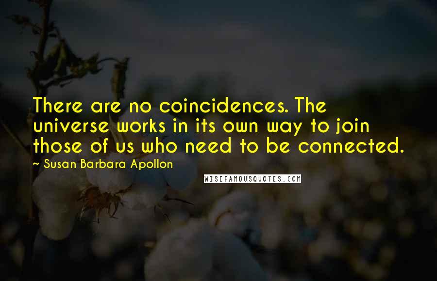 Susan Barbara Apollon Quotes: There are no coincidences. The universe works in its own way to join those of us who need to be connected.