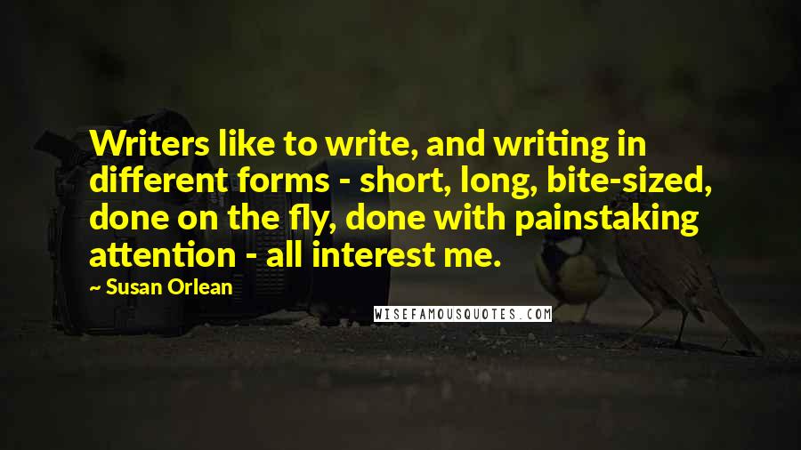 Susan Orlean Quotes: Writers like to write, and writing in different forms - short, long, bite-sized, done on the fly, done with painstaking attention - all interest me.