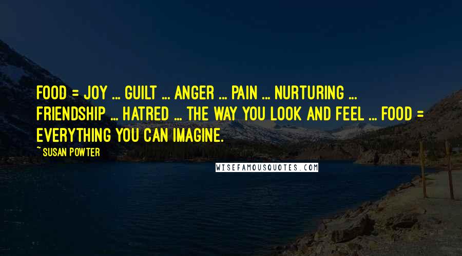 Susan Powter Quotes: Food = joy ... guilt ... anger ... pain ... nurturing ... friendship ... hatred ... the way you look and feel ... Food = everything you can imagine.