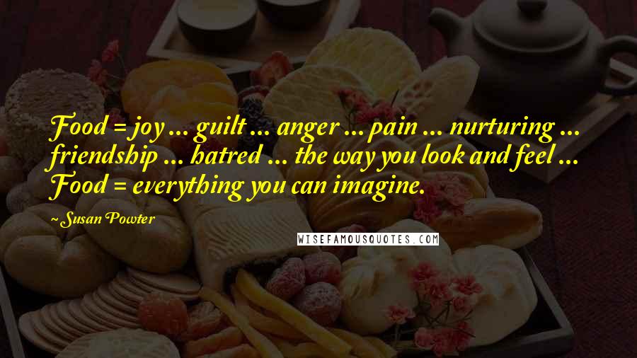 Susan Powter Quotes: Food = joy ... guilt ... anger ... pain ... nurturing ... friendship ... hatred ... the way you look and feel ... Food = everything you can imagine.