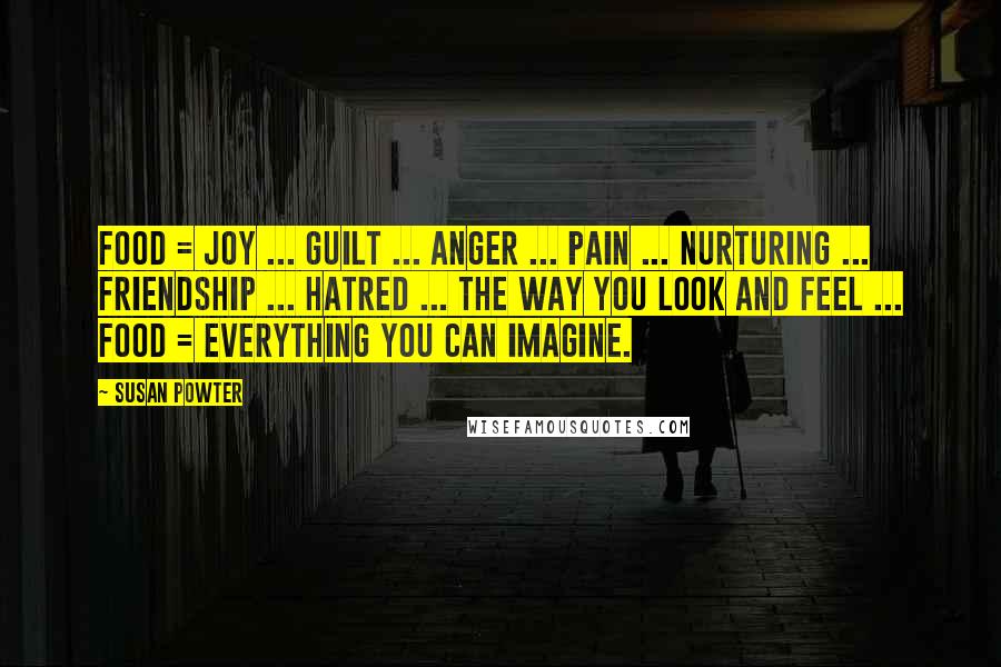 Susan Powter Quotes: Food = joy ... guilt ... anger ... pain ... nurturing ... friendship ... hatred ... the way you look and feel ... Food = everything you can imagine.