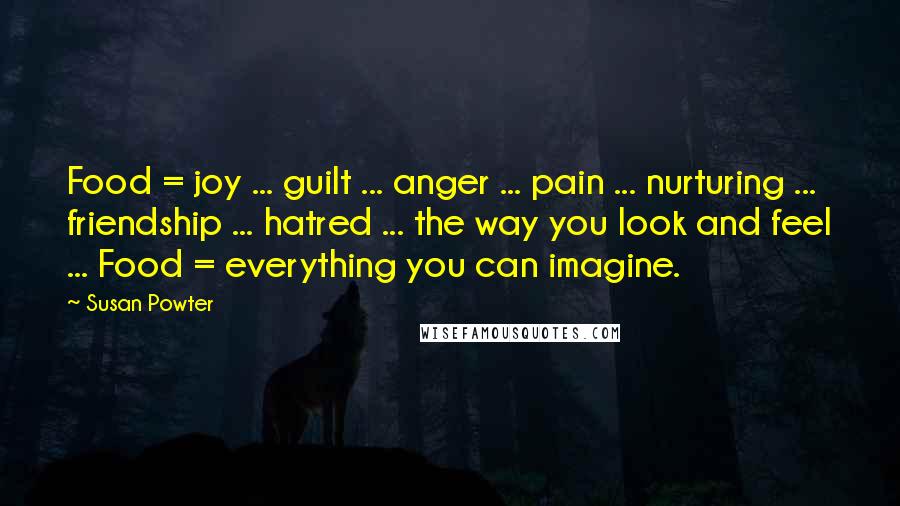 Susan Powter Quotes: Food = joy ... guilt ... anger ... pain ... nurturing ... friendship ... hatred ... the way you look and feel ... Food = everything you can imagine.