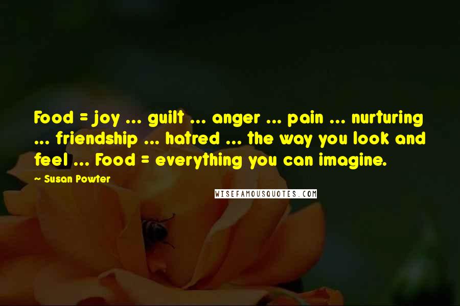 Susan Powter Quotes: Food = joy ... guilt ... anger ... pain ... nurturing ... friendship ... hatred ... the way you look and feel ... Food = everything you can imagine.