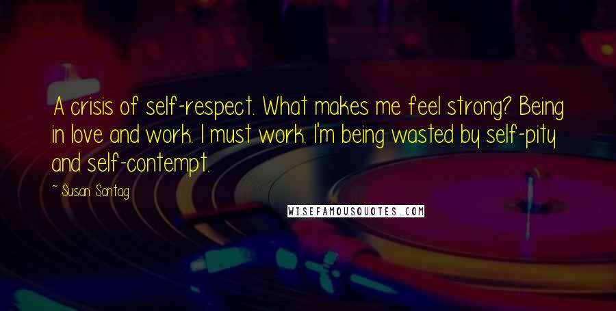 Susan Sontag Quotes: A crisis of self-respect. What makes me feel strong? Being in love and work. I must work. I'm being wasted by self-pity and self-contempt.