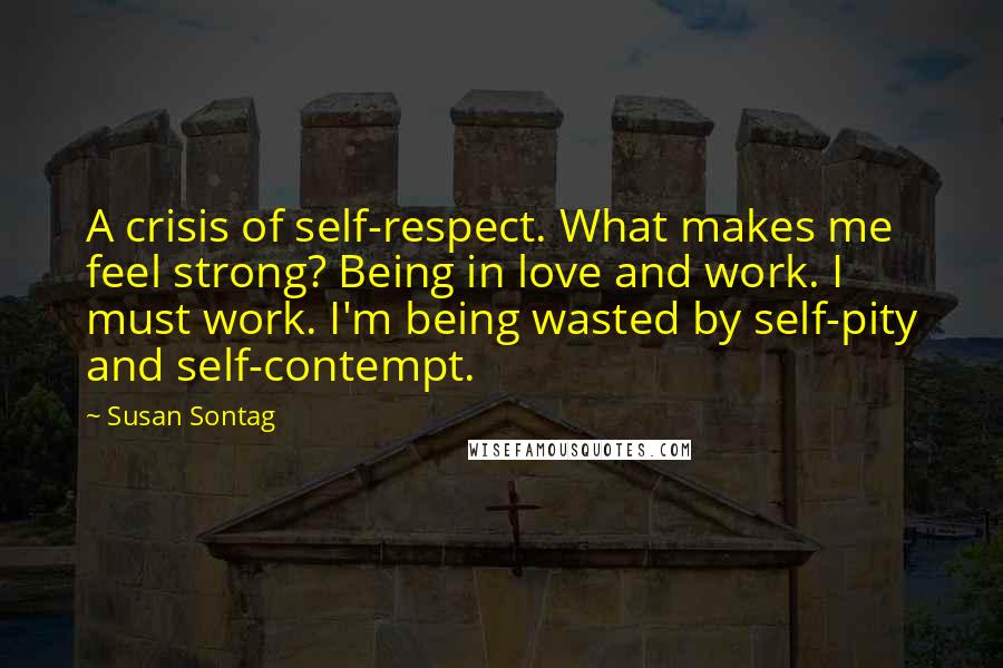 Susan Sontag Quotes: A crisis of self-respect. What makes me feel strong? Being in love and work. I must work. I'm being wasted by self-pity and self-contempt.