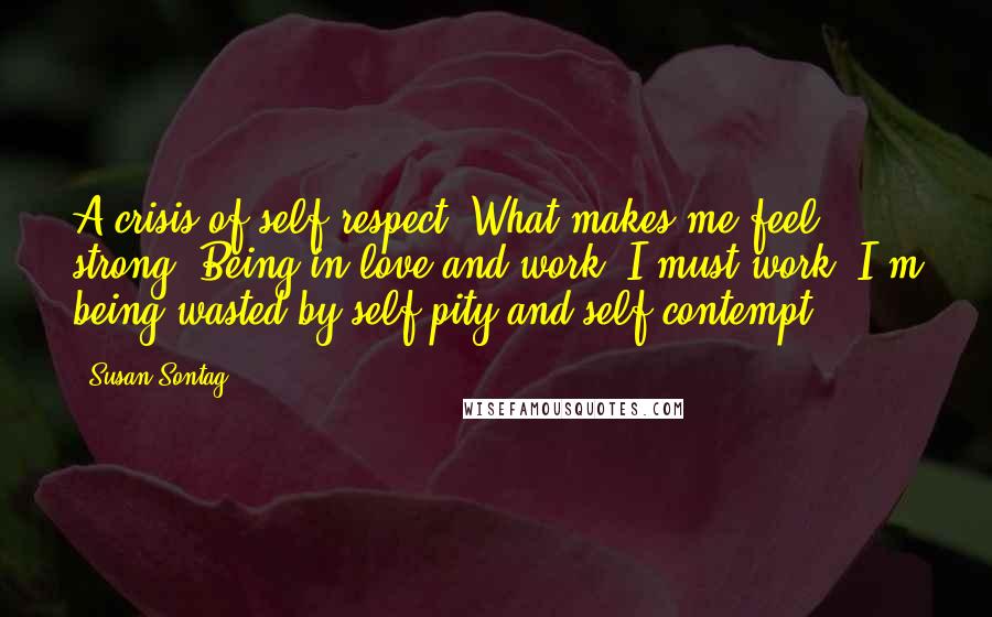 Susan Sontag Quotes: A crisis of self-respect. What makes me feel strong? Being in love and work. I must work. I'm being wasted by self-pity and self-contempt.