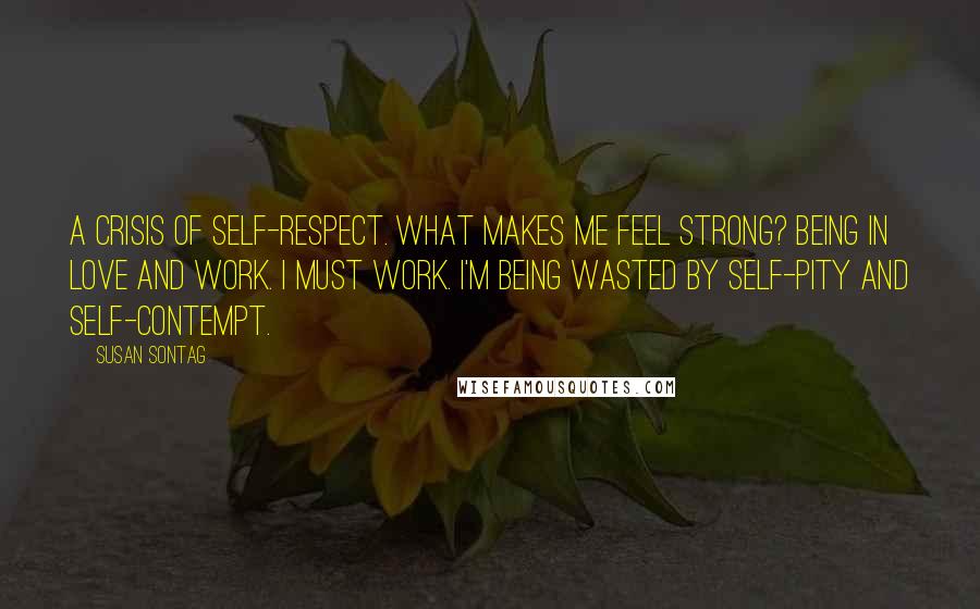 Susan Sontag Quotes: A crisis of self-respect. What makes me feel strong? Being in love and work. I must work. I'm being wasted by self-pity and self-contempt.