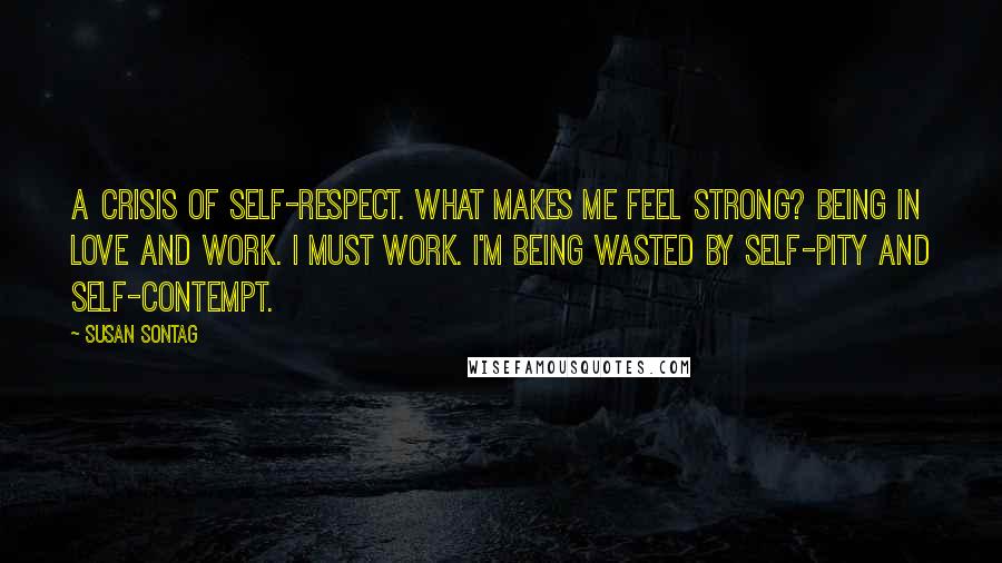 Susan Sontag Quotes: A crisis of self-respect. What makes me feel strong? Being in love and work. I must work. I'm being wasted by self-pity and self-contempt.