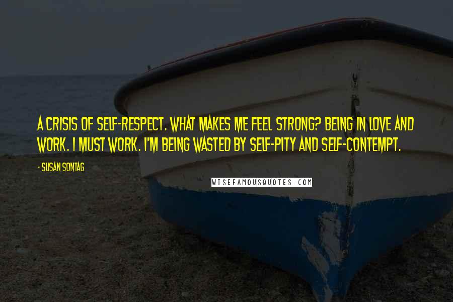 Susan Sontag Quotes: A crisis of self-respect. What makes me feel strong? Being in love and work. I must work. I'm being wasted by self-pity and self-contempt.