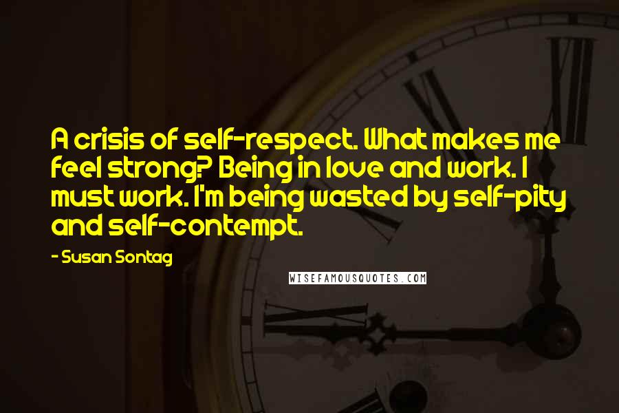 Susan Sontag Quotes: A crisis of self-respect. What makes me feel strong? Being in love and work. I must work. I'm being wasted by self-pity and self-contempt.