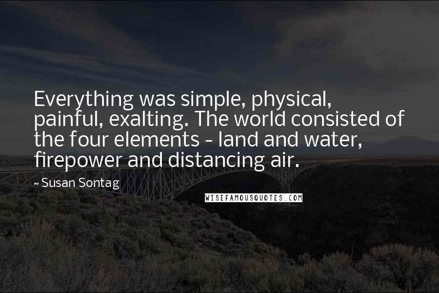 Susan Sontag Quotes: Everything was simple, physical, painful, exalting. The world consisted of the four elements - land and water, firepower and distancing air.