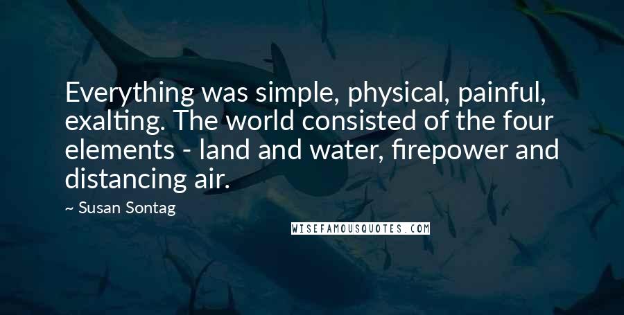 Susan Sontag Quotes: Everything was simple, physical, painful, exalting. The world consisted of the four elements - land and water, firepower and distancing air.