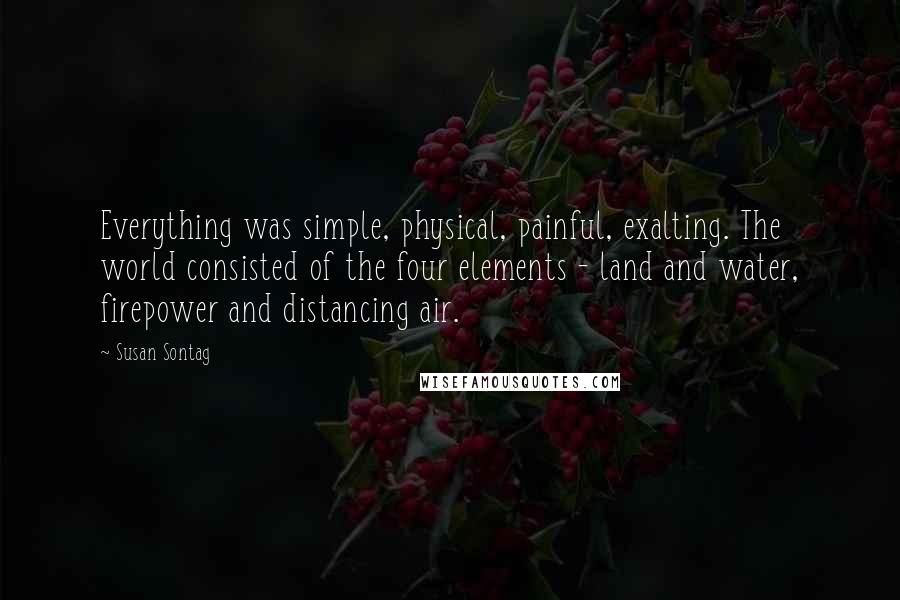 Susan Sontag Quotes: Everything was simple, physical, painful, exalting. The world consisted of the four elements - land and water, firepower and distancing air.