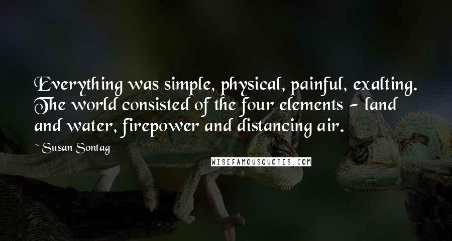 Susan Sontag Quotes: Everything was simple, physical, painful, exalting. The world consisted of the four elements - land and water, firepower and distancing air.