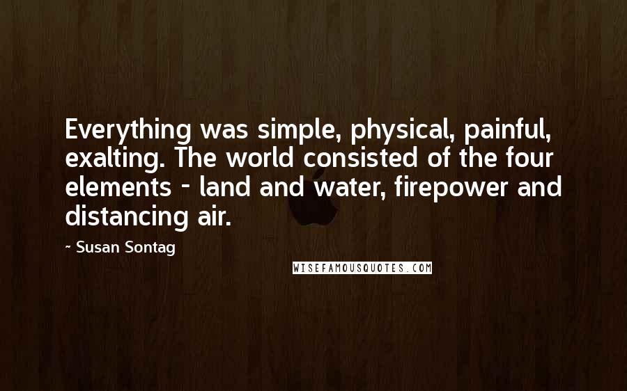 Susan Sontag Quotes: Everything was simple, physical, painful, exalting. The world consisted of the four elements - land and water, firepower and distancing air.