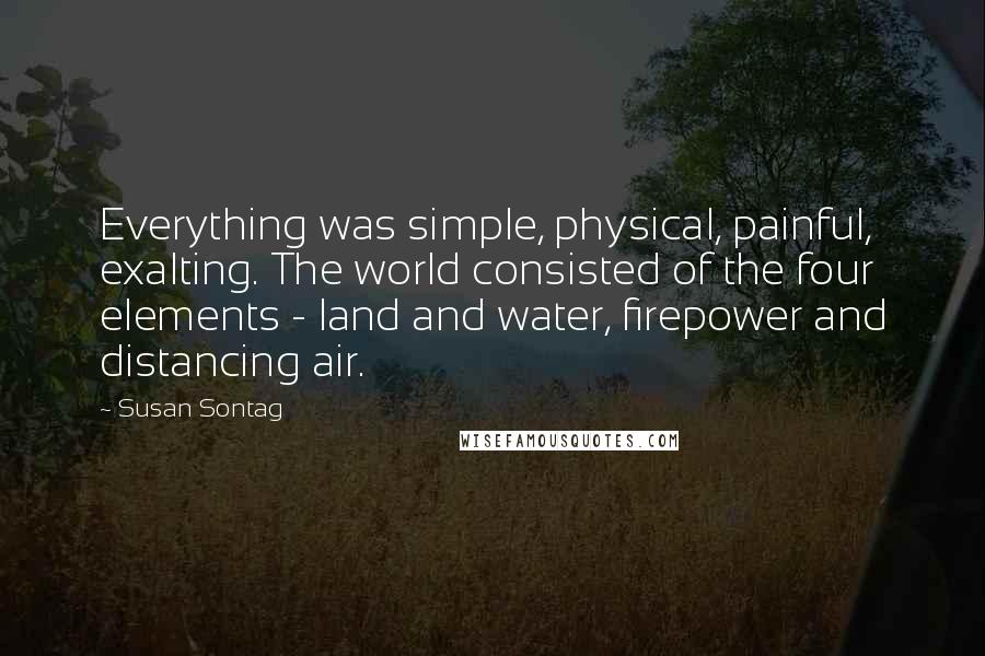 Susan Sontag Quotes: Everything was simple, physical, painful, exalting. The world consisted of the four elements - land and water, firepower and distancing air.