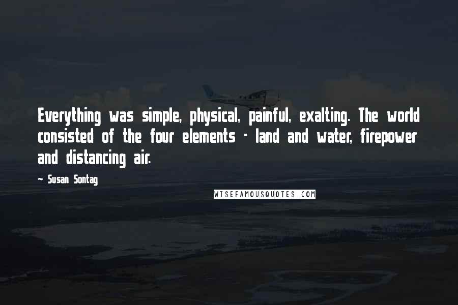 Susan Sontag Quotes: Everything was simple, physical, painful, exalting. The world consisted of the four elements - land and water, firepower and distancing air.